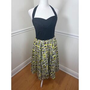 Girls from Savoy Halter Dress Women Size 6 Black Yellow Feather Retro Rockabilly